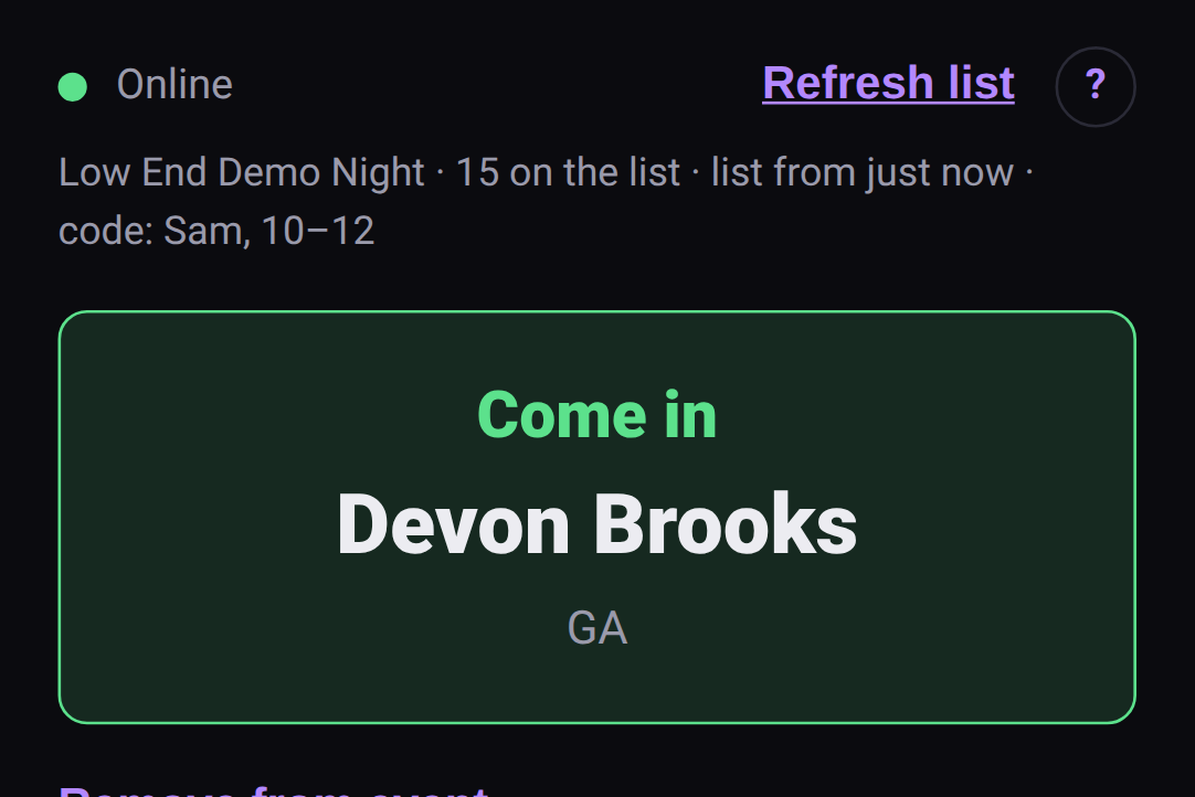 The scanner showing Come in, with the guest's name and tier