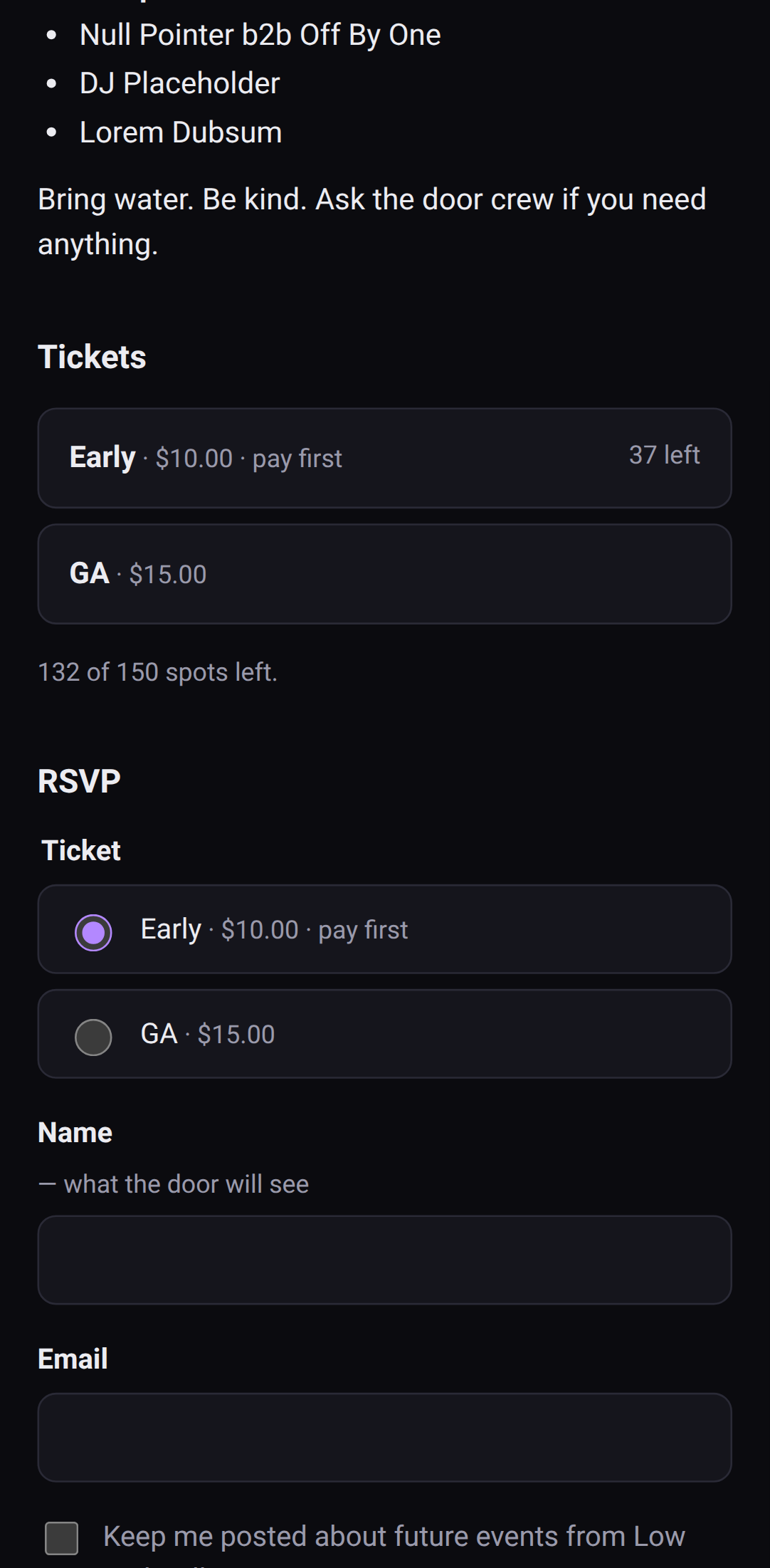 The RSVP form with a pay-first tier chosen, saying the ticket is released once the promoter confirms payment, and a Reserve and pay button