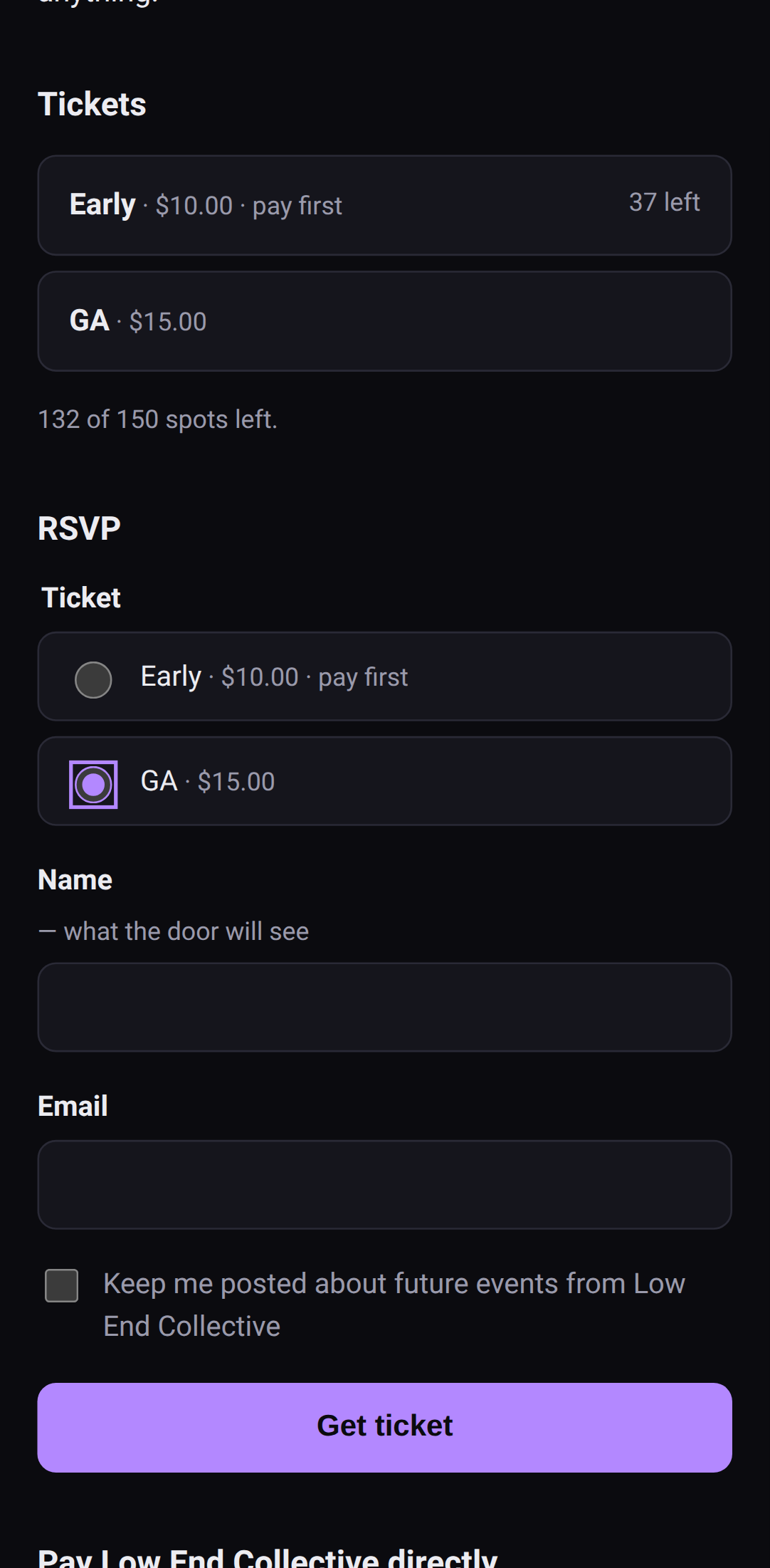 The RSVP form: pick a ticket, name, email, an unticked keep-me-posted box, and Get ticket