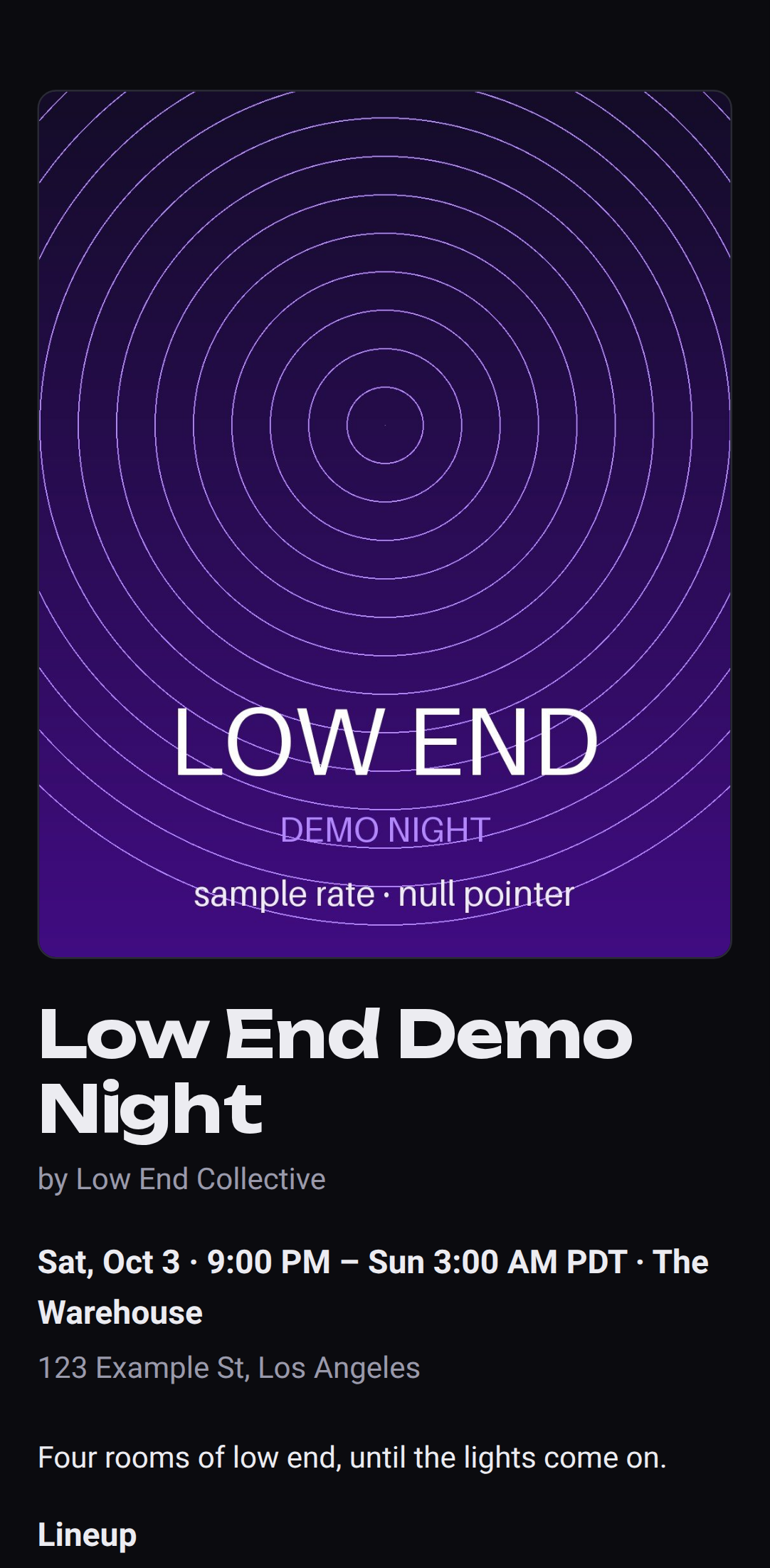 The public event page on a phone: the flyer, the title in the event's font, the date and the venue