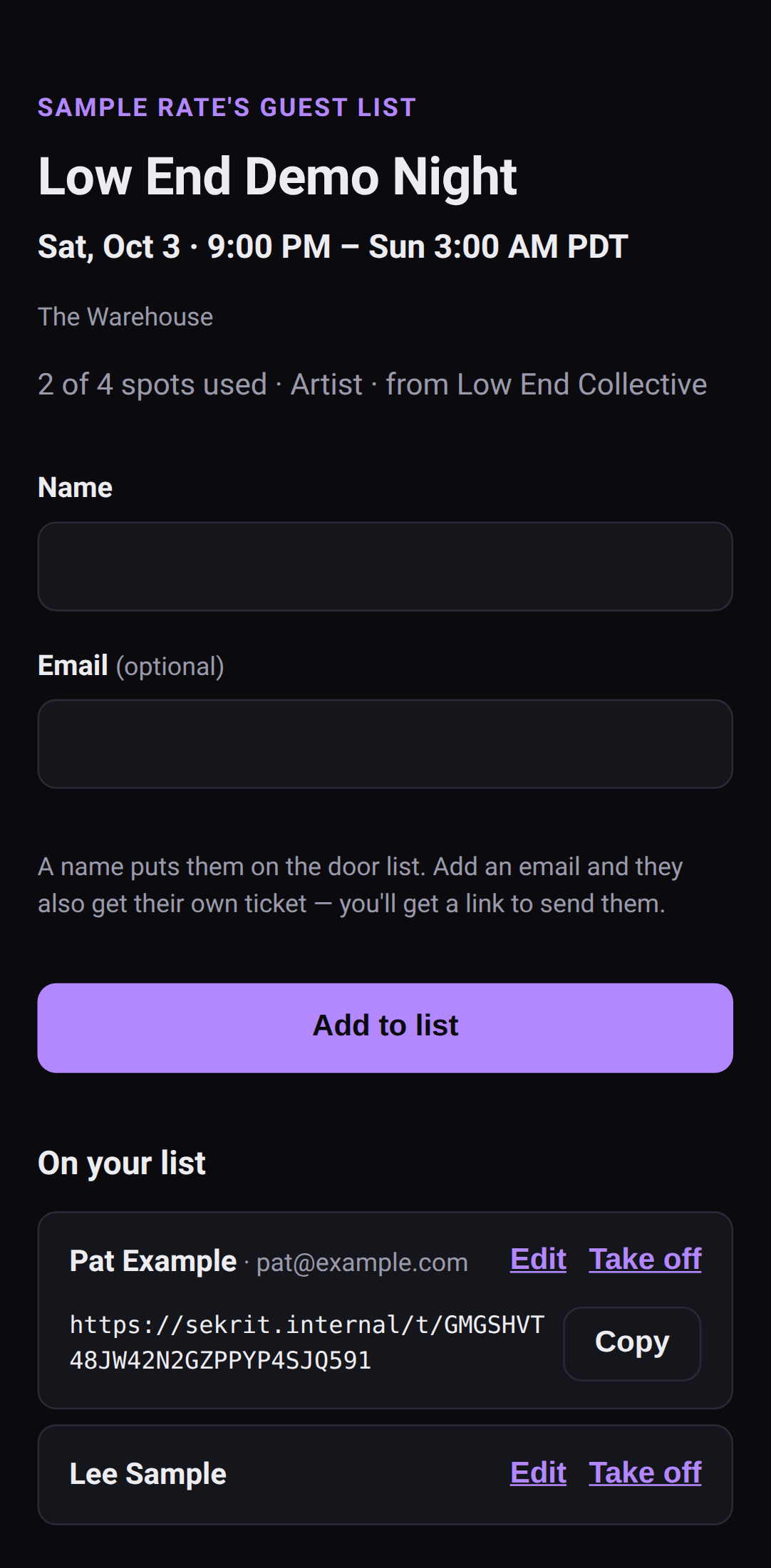 The artist's guest-list page on a phone: 2 of 4 spots used, a form to add a guest, and the guests so far