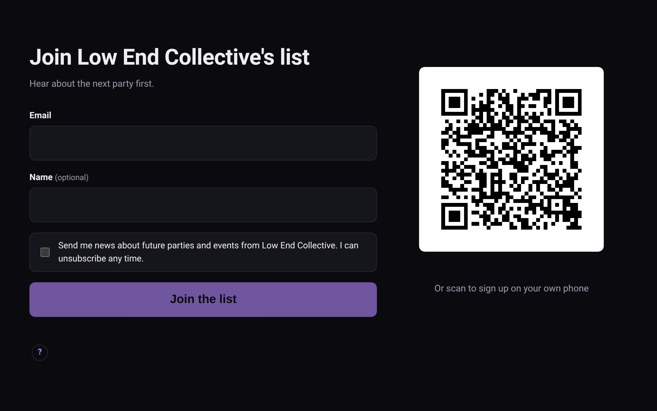 The kiosk on a tablet: a signup form beside a QR code for signing up on your own phone