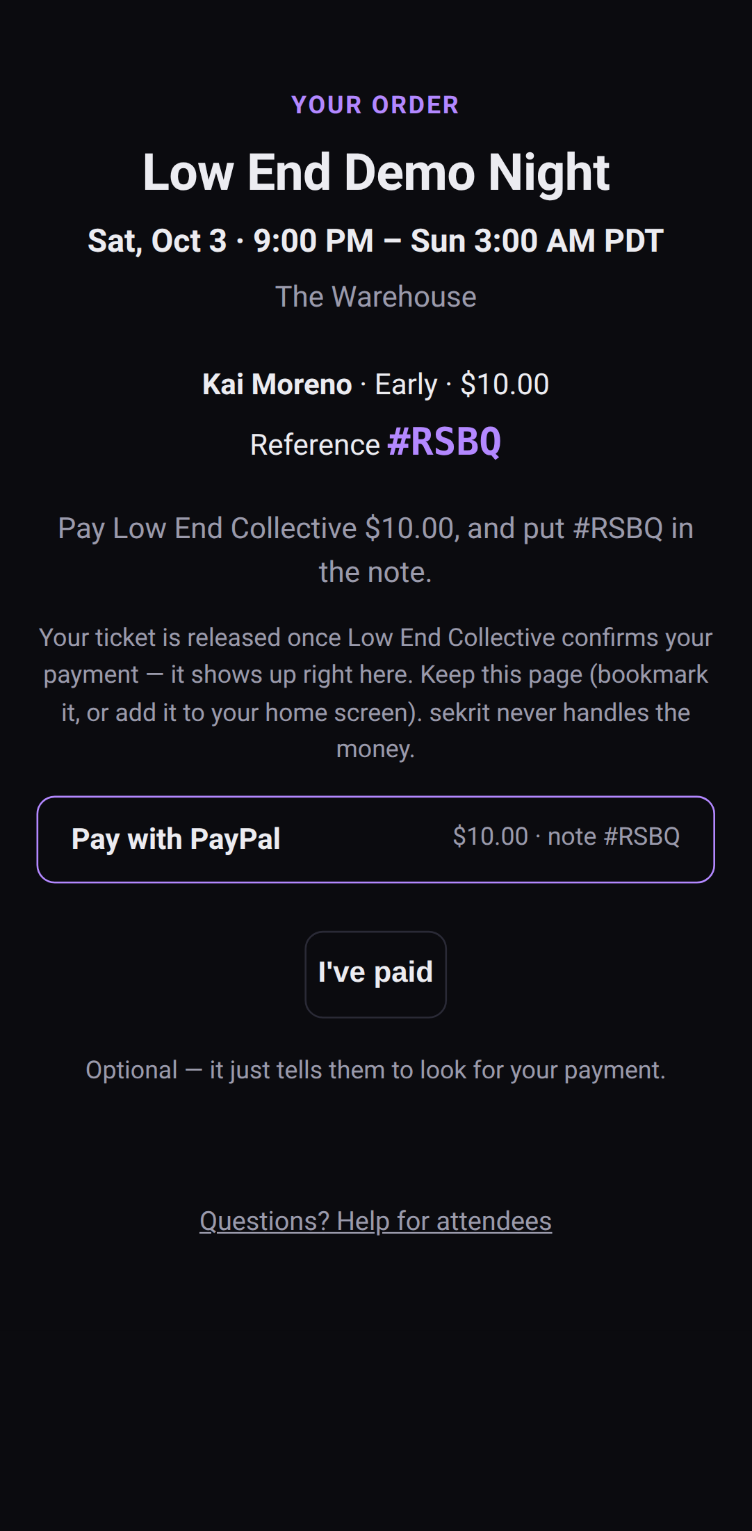 The buyer's order page: the amount, reference #, and a Pay with PayPal button