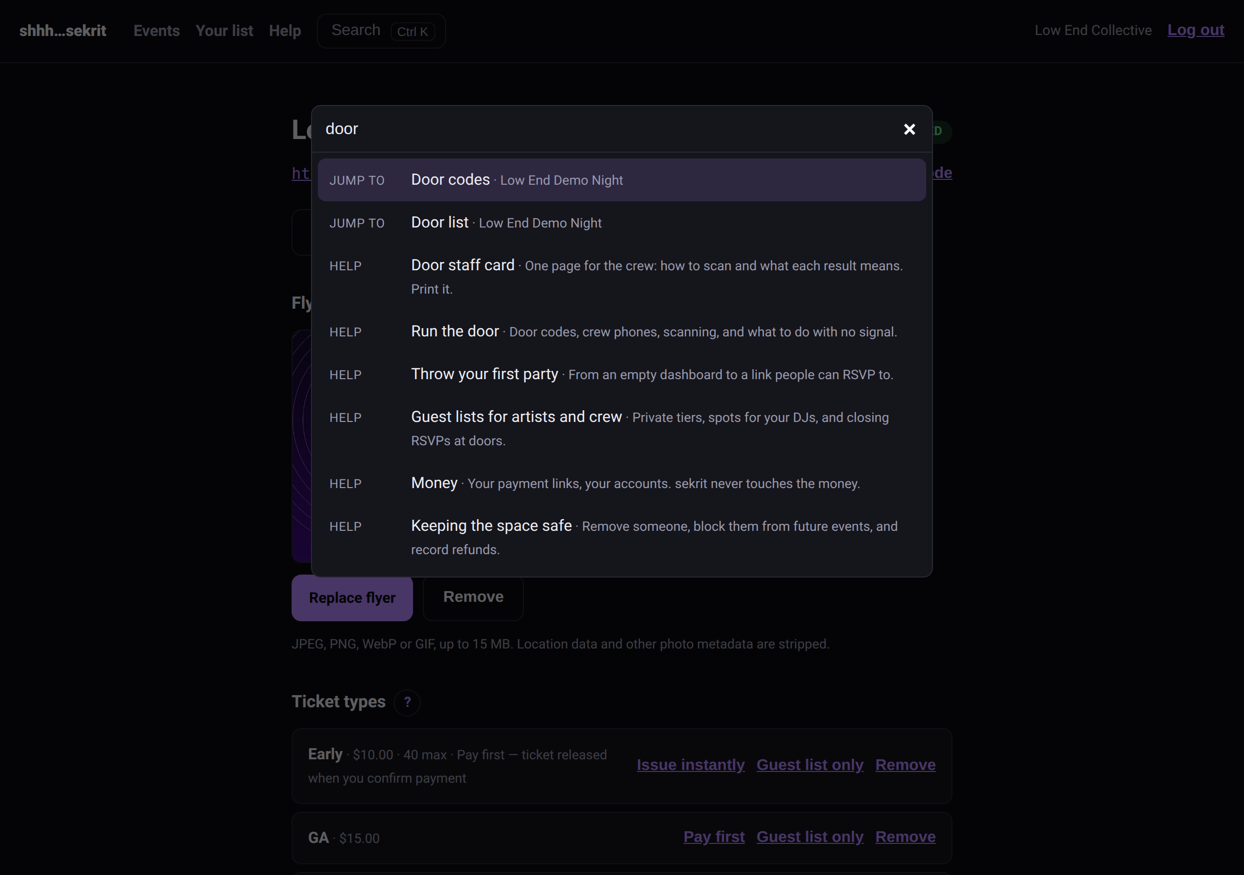 The search box open over the dashboard with "door" typed: Door codes, Door list and help pages