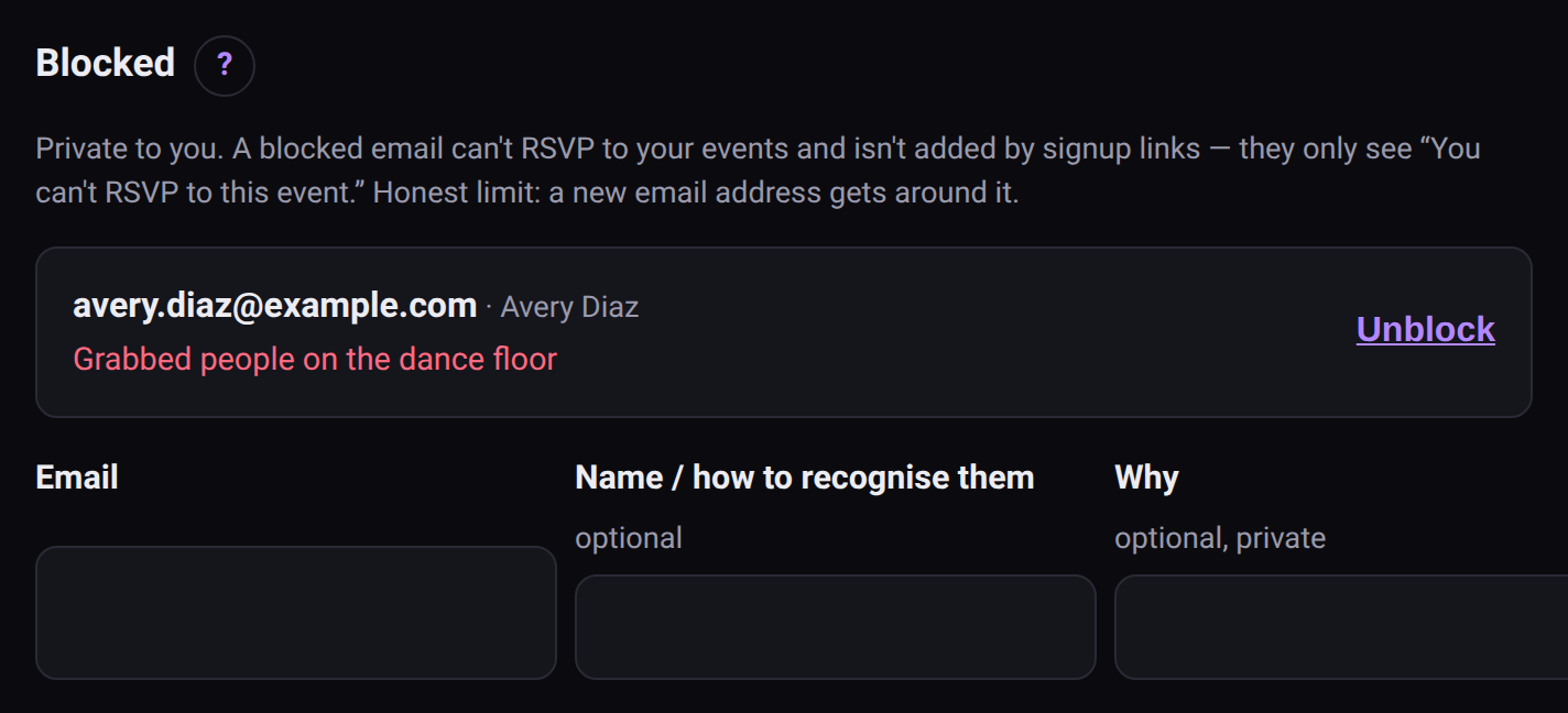 The Blocked section listing a blocked email with its private reason