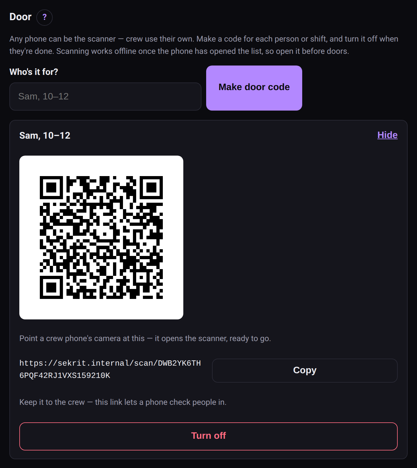 Door codes: a code for Sam, 10–12, shown with its QR and scanner link
