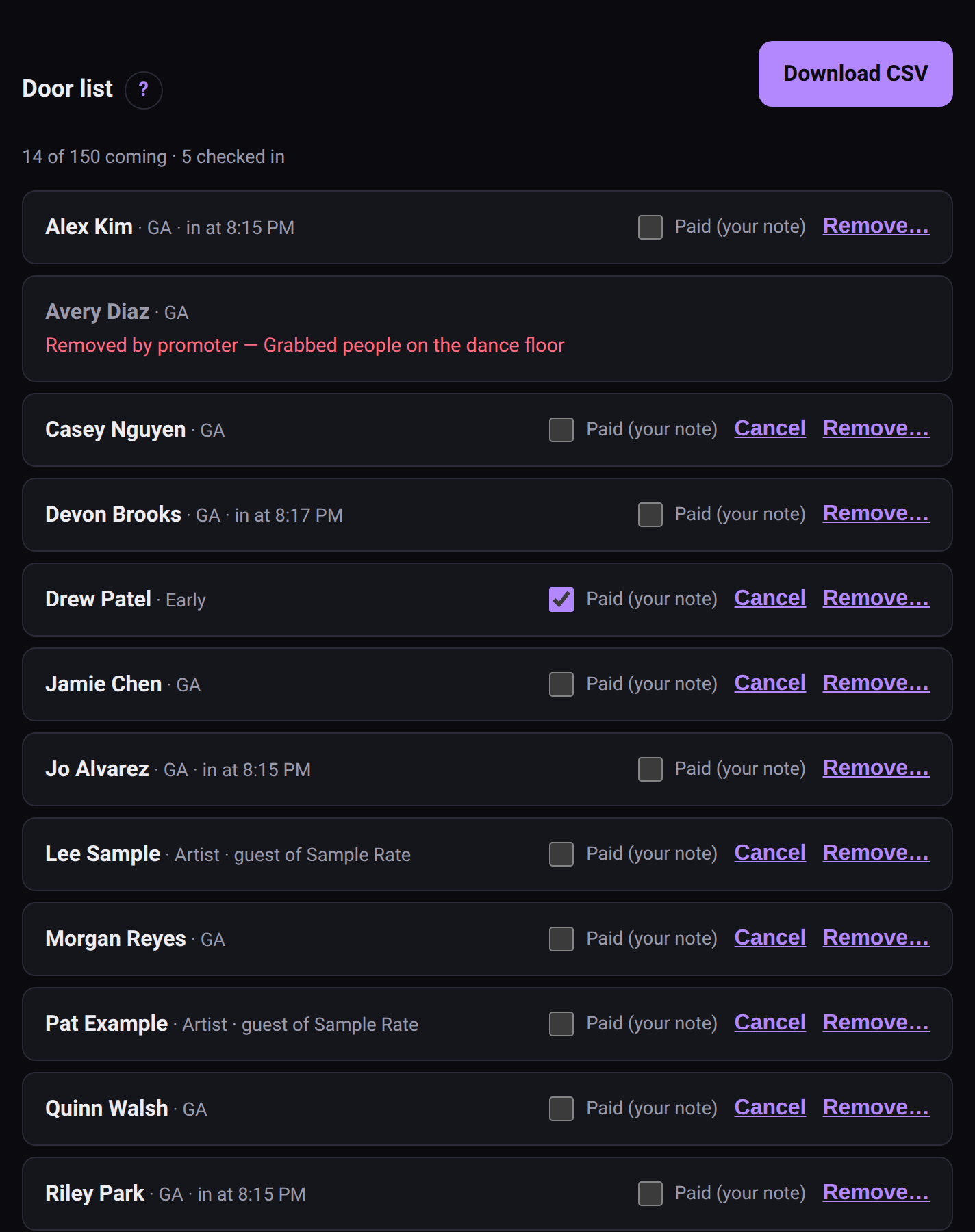 The door list, with a removed guest showing who removed them and why