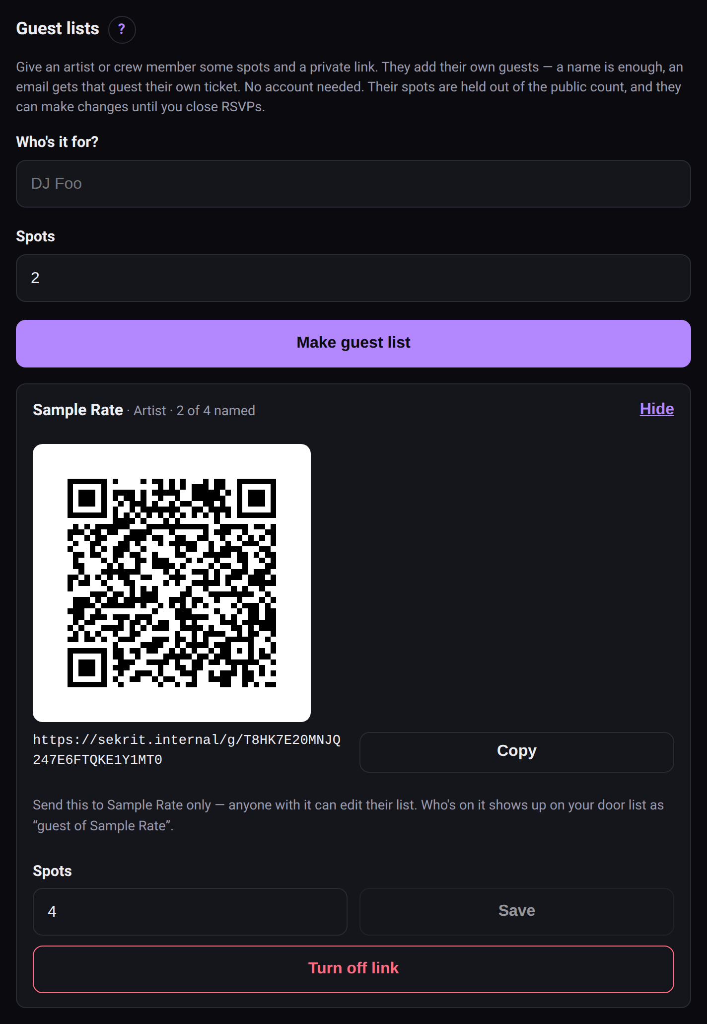 The Guest lists section: a list for Sample Rate, 2 of 4 named, with its QR, link, spots and Turn off link
