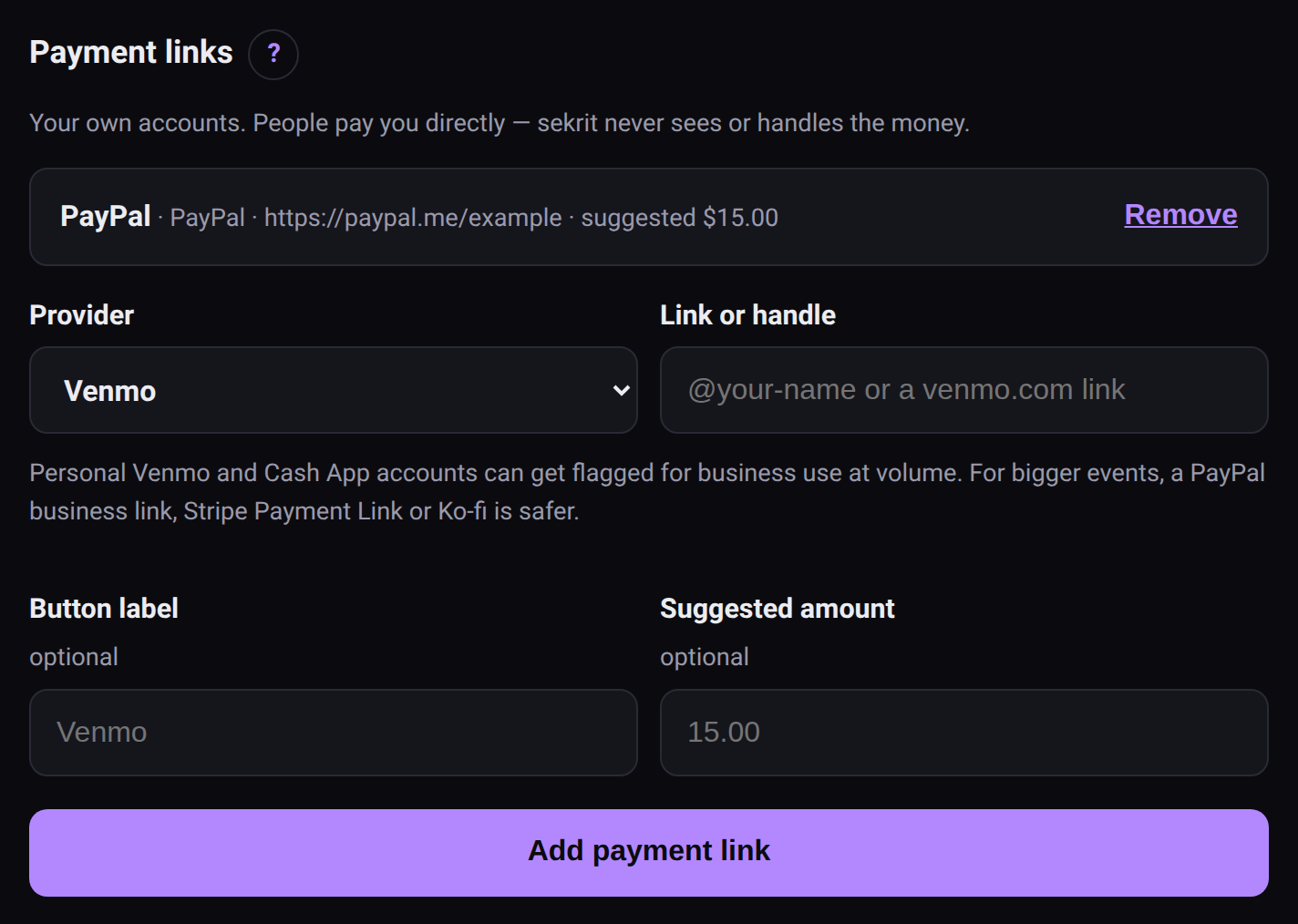The Payment links section with a PayPal link added