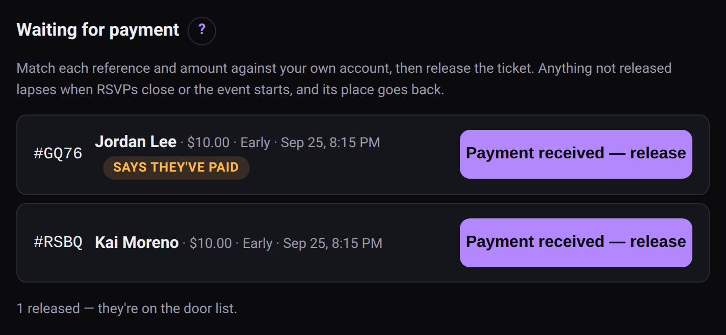 Waiting for payment: orders with a reference, amount, name, a Says they've paid flag, and Payment received — release