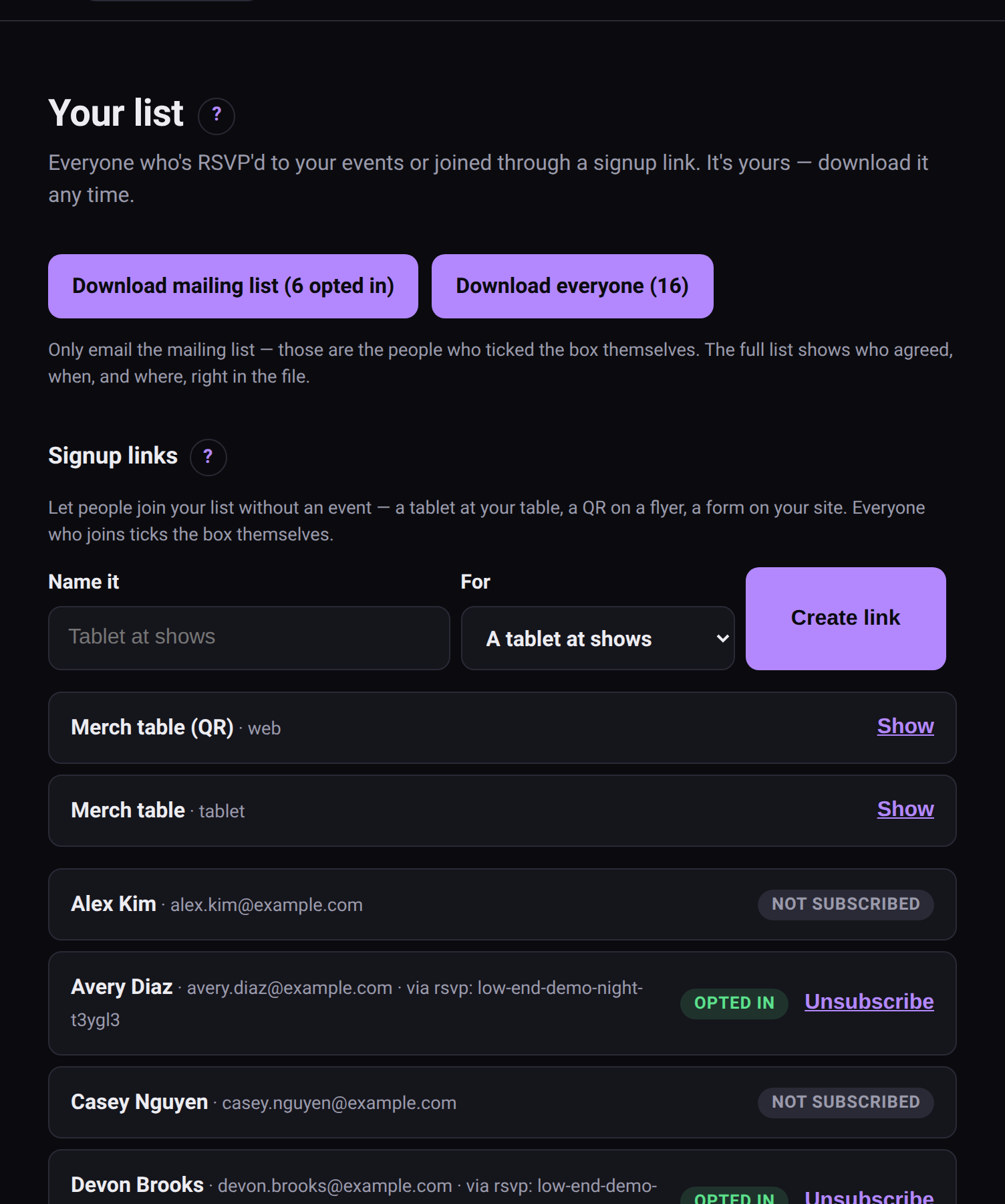 Your list: download buttons, signup links, and everyone on the list with who opted in