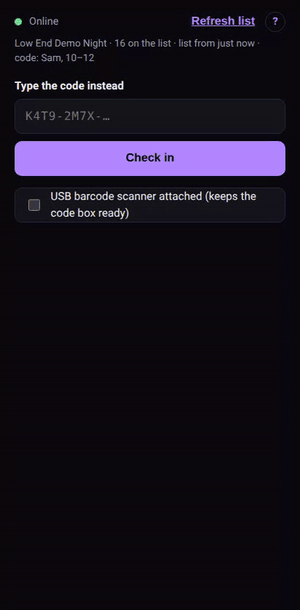 A recording of the door scanner: a scan says Come in, a repeat says Already checked in, the signal drops and the bar says scans are queued, a scan still says Come in with 1 waiting, then the signal comes back and the queue empties