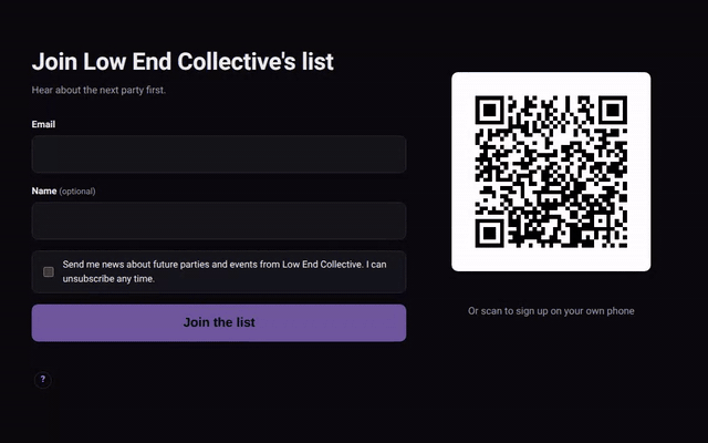 A recording of the kiosk offline: an email and name typed in, the consent box ticked, Join the list, a thank-you, 1 waiting to send, then the wifi returns and it sends