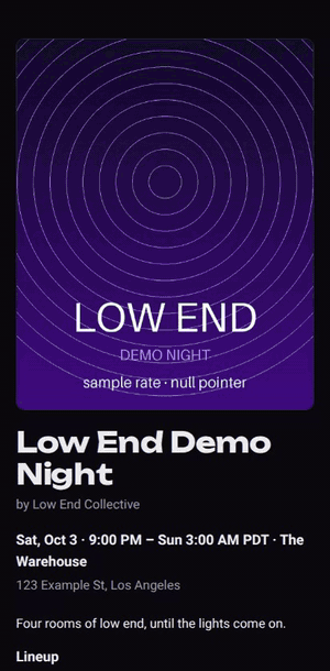 A recording on a phone: scrolling the event page, choosing GA, typing a name and email, tapping Get ticket, and the ticket appearing